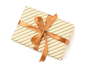 Gift box with brown ribbon isolated on white, top view