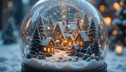 Charming miniature winter village scene captured inside a glowing snow globe with falling glitter lights