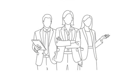 A minimalist line drawing of three business professionals standing together