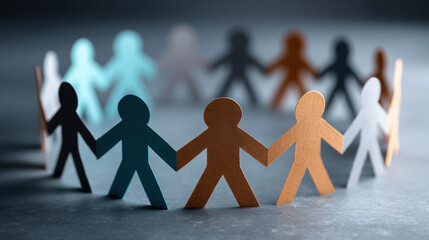 Paper cutout people holding hands in circle, diverse paper figures connected in unity and teamwork, shallow depth of field with soft focus and dramatic lighting