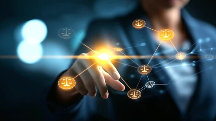 AI law and legal technology concept faceless businessperson using digital justice system defocused legal icons background artificial intelligence in compliance smart contract - Powered by Adobe