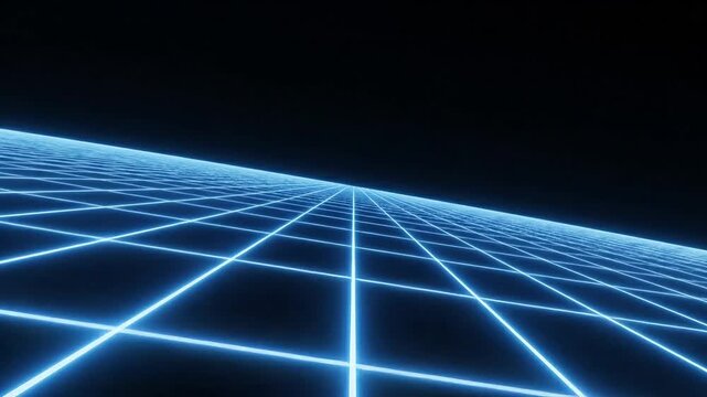 Futuristic neon grid receding into darkness, evoking a sense of digital space and infinite possibility.