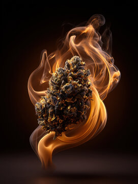 Aerial cannabis bud glowing cannabis flower smoky cannabis nug golden trichome detail illuminated marijuana bud closeup cannabis