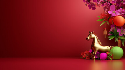 A horse adorned with intricate golden patterns, in a dynamic pose on a vibrant red background, with copy space for 2026 Chinese New Year text.