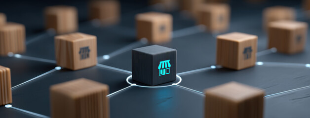 Naklejka na ściany i meble Connected retail network cube on dark grid background with glowing node and wooden store blocks conveying digital commerce and logistics efficiency