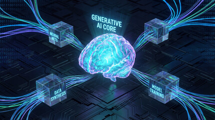 Futuristic holographic interface displaying Generative AI core as a glowing crystalline brain structure surrounded by floating neural nets and data synthesis blocks