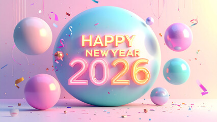3D abstract illustration of a year-end celebration with floating geometric shapes, glossy spheres, confetti particles, neon ribbons, glowing ‘Happy New Year 2026’ text, soft shadows, vibrant pastel co