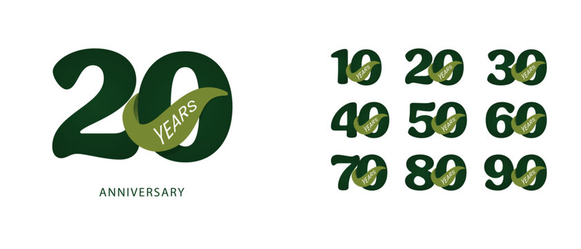 business corporate anniversary logo icon symbol in green color with leaf, concept of sustainable eco friendly environment ecology renewable organic ecological anniversary