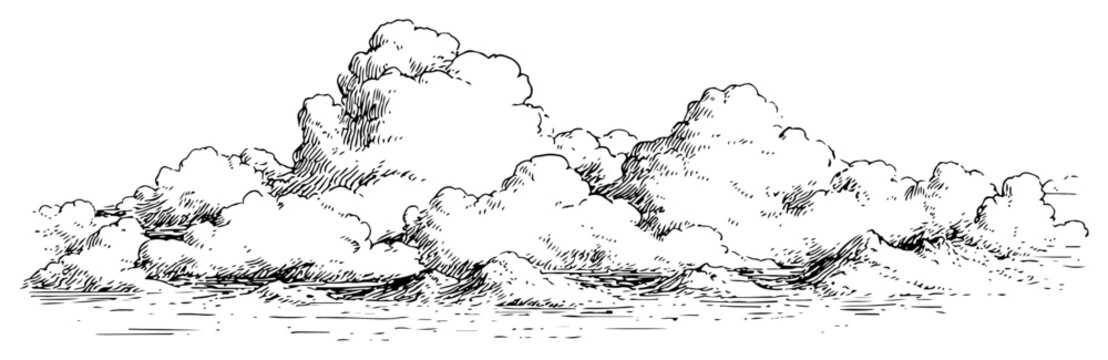 Hand drawn panoramic sketch of fluffy cumulus clouds floating over the horizon