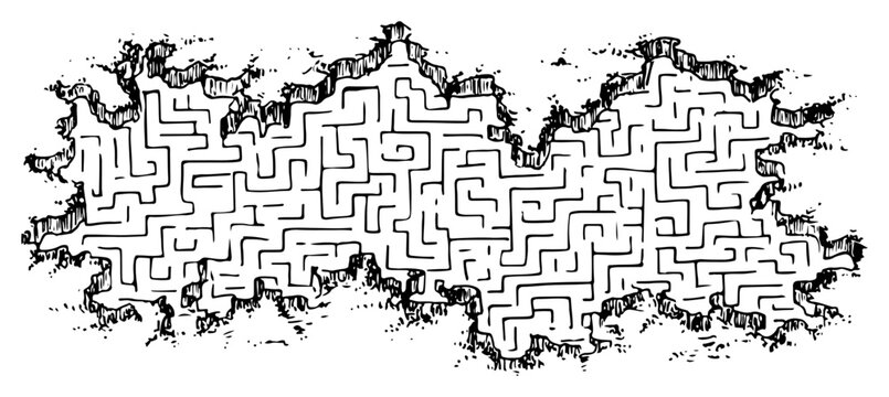 Hand drawn vector illustration of a complex horizontal maze with jagged edges