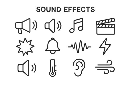 Sound effects linear icon set. featuring speaker, bell, music note, clapperboard, explosion, waveform, and ear symbols