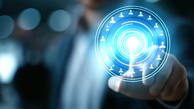 Digital marketing target concept faceless user selecting audience defocused virtual screen background business strategy interface customer segmentation tools personalization