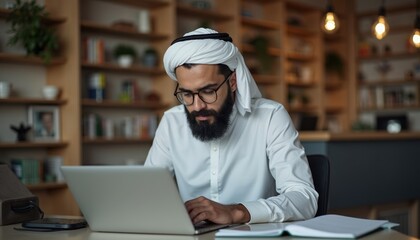 Arab man working on laptop while sitting at desk in modern office  