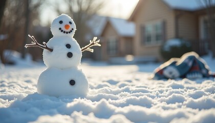 Snowman standing in fresh snow in front of house on sunny day  