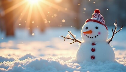 Snowman smiling in snowy forest with sunlight and snowflakes  