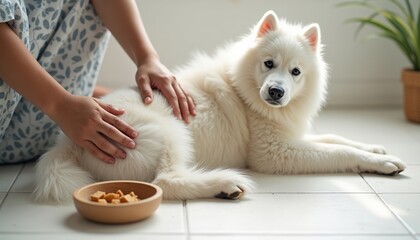 Person petting white Samoyed dog at home with food bowl nearby  