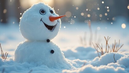 Smiling snowman in snowy landscape with falling snowflakes  