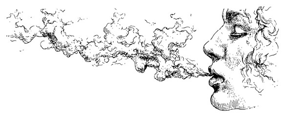 Hand drawn sketch of a human profile face blowing out a cloud of smoke or magical breath © Kaz