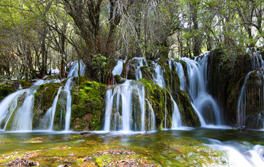 The Arrow Bamboo Waterfall of Jiuzhaigou National park, Sichuan, China. the fall is a stunning cascade in Jiuzhaigou, a UNESCO World Heritage site famous for its colorful lakes and waterfalls.