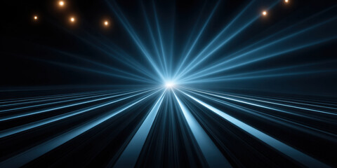 Obraz premium Blue light ray background with radiant center, dramatic perspective and subtle bokeh glow creating dynamic futuristic atmosphere and motion