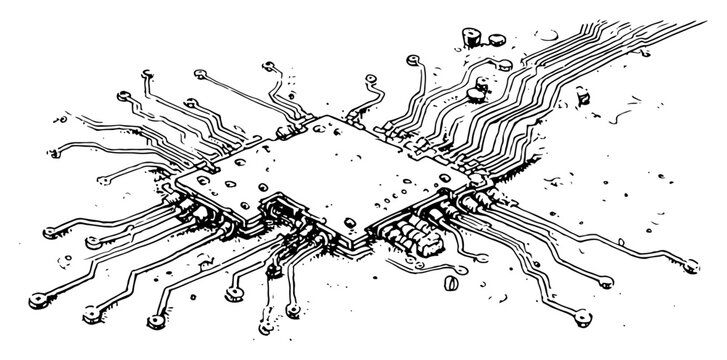 Hand drawn vector sketch of a computer circuit board chip
