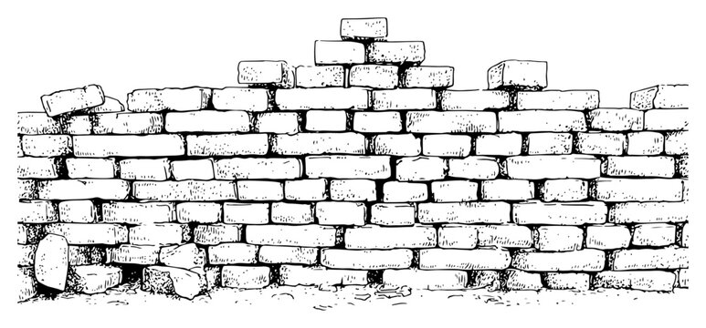 Hand drawn vector sketch of an old ruined brick wall texture