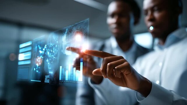 Faceless AI agents analyzing business data on virtual dashboard defocused performance charts background smart technology visualization data driven decisions interface