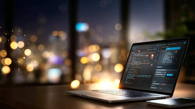 Faceless AI agents dashboard on laptop screen showing automation workflow defocused coding interface background command prompts visible machine learning technology artificial