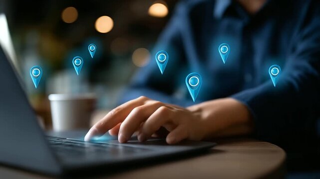 Faceless business person working on local SEO strategy defocused digital marketing icons background location targeting interface online visibility optimization local search ran