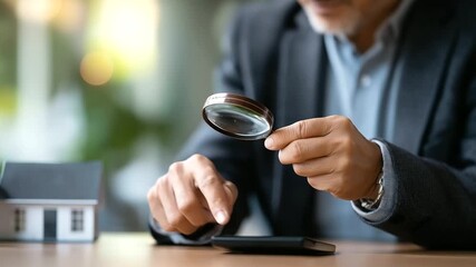 Faceless businessman analyzing mortgage interest rate with magnifying glass defocused smartphone display background real estate housing market data property investment metrics - Powered by Adobe