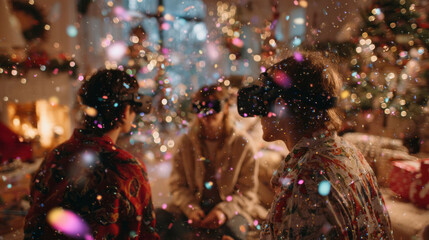 Three friends wearing VR headsets enjoy a festive living room with Christmas lights and confetti, blending tradition with immersive tech and social connection
