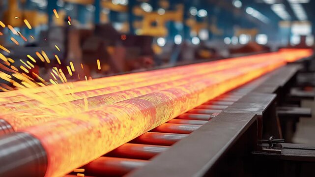 Dramatic low angle shot of glowing metal rods on conveyor system, showcasing sparks and heat, with camera zooming in for detail