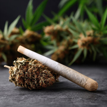 Cannabis preroll joint cannabis bud marijuana bud cannabis flower hemp bud pre rolled cigarette rolled joint close up macro photography herbal product