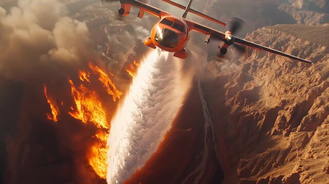 High-tech firefighting plane drops large volume of water on raging wildfire, showcasing aerial action and dynamic camera movement