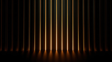 Golden vertical light beams on black background create minimalist abstract glow and moody atmosphere with reflective floor and warm gradient illumination