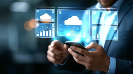 Faceless businessman using smartphone with digital transformation icons defocused cloud computing background data analytics visualization global technology network innovation - Powered by Adobe