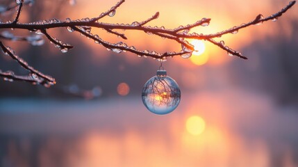 A bare branch with water droplets holds a clear ornament reflecting a sunset. AI.