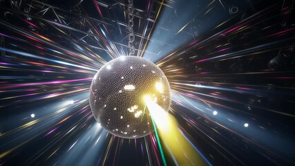 Dynamic video of a classic mirror disco ball spinning, with vibrant light reflections and camera zooming in to capture the dazzling scene