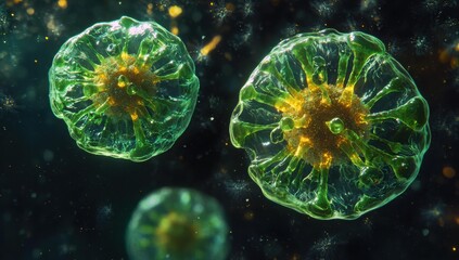Three cells with green membranes and yellow centers float against a dark background with yellow and white specks. AI.