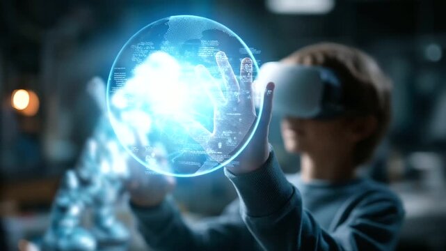 Faceless child wearing VR headset interacting with AI hologram defocused robot interface background future technology education virtual reality learning artificial intelligence
