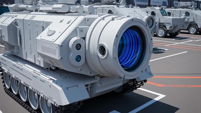 Military vehicle with advanced laser camera system showcased in a parking area, camera pans to reveal details and design features
