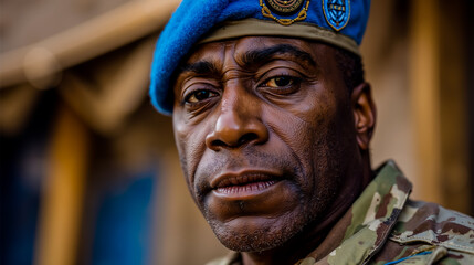 A man in a military uniform with a blue beret and camouflage pattern