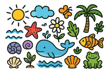 Obraz premium Nature and marine flat icon set. featuring whale, fish, flower, sun, cloud, palm, and frog symbols