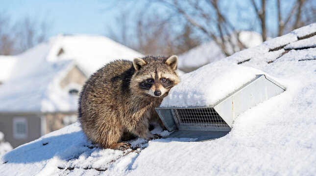 Raccoon standing on snowy roof near attic vent in winter daylight