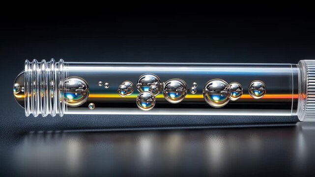 Crystal clear microfluidics in a test tube showcasing droplet dynamics, camera zooms in on the fluid interaction and bubble formation