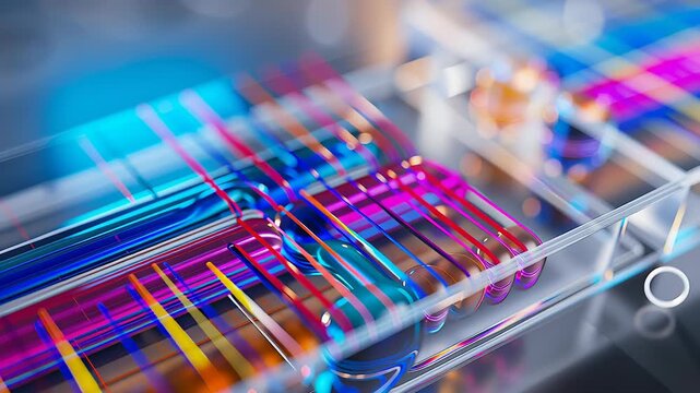 Macro view of transparent PDMS microfluidic device showcasing vibrant colors and intricate details, camera zooms in for enhanced visual impact
