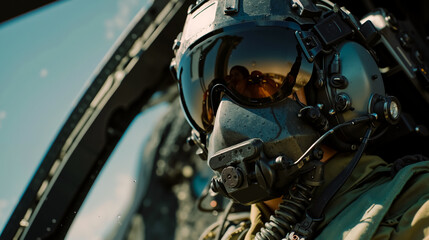A close-up of a person wearing a helmet with a visor and headset likely a pilot or astronaut