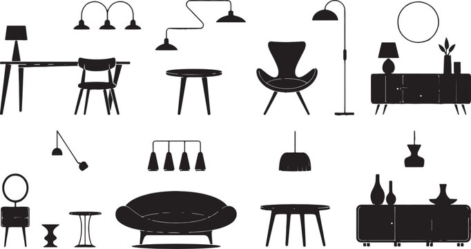 "Interior Design Icons &ndash; Living Room Furniture, Clocks, Lamps, Shelves, and Home Decor Elements"