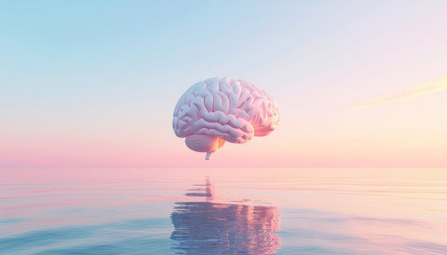 Brain in a Serene World: A tranquil image showcases a serene, pastel-hued horizon where a brain floats above the still waters, evoking thought and contemplation.