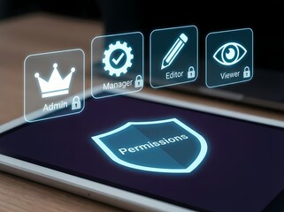 A close-up shot of a digital tablet displaying a concept interface for user access control and permissions management. Four holographic icons float above the screen, representing different user roles